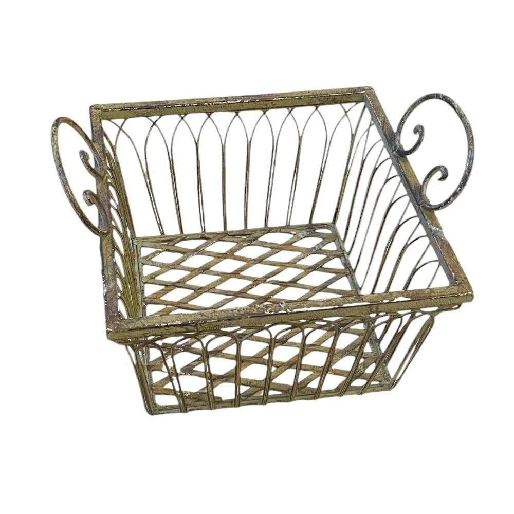 Vintage Wrought Iron Square‎ Ornate Handles Basket Sage Green, Set Of 2